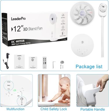 П'єдестальний вентилятор з двигуном постійного струму - вентилятор Тихий 20 дБ 3D коливальний з пультом дистанційного керування/ви