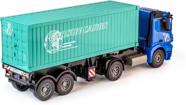 Радіокерований тягач Arocs з контейнером, модель 120, RTR (повністю готовий до використання), зі світлом та звуком, в комплекті батарейки та пульт керування, час роботи до 30 хвилин.