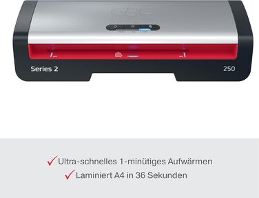 Ламінатор GBC 250 Office A4 - Швидкий прогрів за 1 хвилину, 75-125 мікрон, світлодіодний індикатор, захист від застрягання, автоматичне вимкнення, вкл. 5 пакетів для ламінування A4, чорний/червоний, 4410070EU