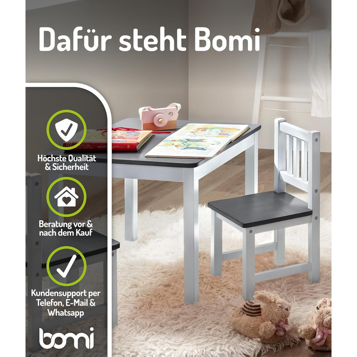 Дитячий дерев&39яний комплект сидіння Bomi Amy Дитячий стіл з 2 стільцями Комплект столу та стільців для дитячої кімнати Ігровий стіл Дитячий стіл для приміщень Дитячий стіл для мистецтва та ремесел Дитячі меблі Біло-сірий Біло-сірий 2 стільці 1 стіл