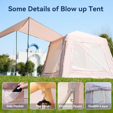 Надувний кемпінговий намет MOPHOTO, водонепроникний, тканина Оксфорд з ручним насосом, просторий, простий у встановленні, надувний кемпінговий повітряний намет для сімейного глемпінгу (2-4 особи)