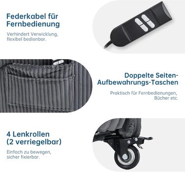 Моторне електричне крісло-реклайнер, крісло для телевізора з функцією відкидання, крісло для телевізора у вітальні з колесами, регульована спинка та підставка для ніг, 2 бічні кишені, вельветовий диван, темно-сірий, 2-