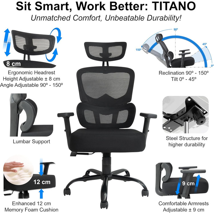 Ергономічне офісне крісло TITANO - Робоче крісло з регульованою висотою, підголівником та підлокітниками. Обертове крісло з функцією гойдання, поперековою опорою, піною з ефектом пам&39яті 12 см Вантажопідйомність 150 кг