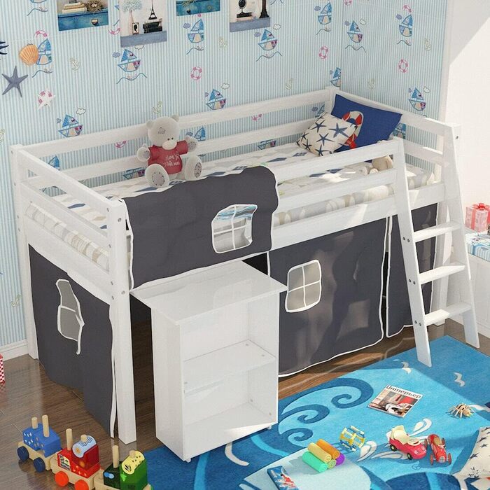 Сучасне двоярусне ліжко для спальні, 90 см, з каркасом сходів, тентом і книжковою полицею збоку, дерев'яне ліжко-горище для дітей