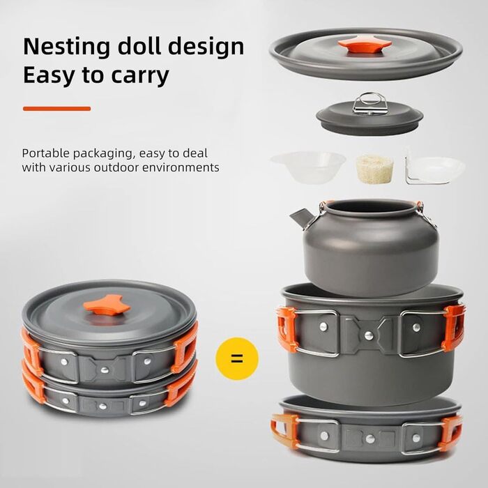 Набір посуду SMHLINE для кемпінгу, 10 предметів каструля 2л, сковорода 0.7л, чайник 1.1л для приготування їжі на природі, походів та подорожей