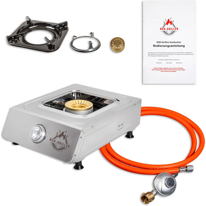 Газова кемпінгова плита з нержавіючої сталі потужністю 5,5 кВт, п&39єзоелектророзпалювання, датчик полум&39я, газовий шланг 150 см, регулятор тиску 50 мбар, емальована підставка для каструль (1 конфорка) Газова плита з 1 конфоркою