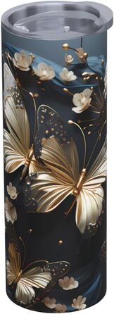 Кухоль з прямою трубочкою, 590 мл, золотистого кольору, білі метелики, чорний, з принтом, дорожній кухоль, підходить для кемпінгу, офісу та дому