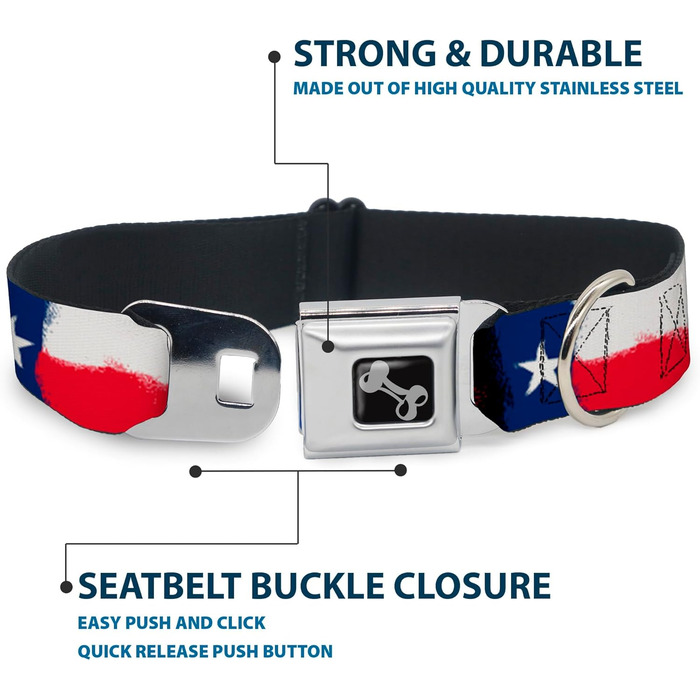 Застібка-пряжка Buckle-Down для нашийника собаки, з малюнком прапора Техасу, ширина 2,5 см, підходить для обхвату шиї 38-66 см, розмір L (ширина 2,5 см - підходить для обхвату шиї 38-66 см - великий розмір, малюнок прапора Техасу)