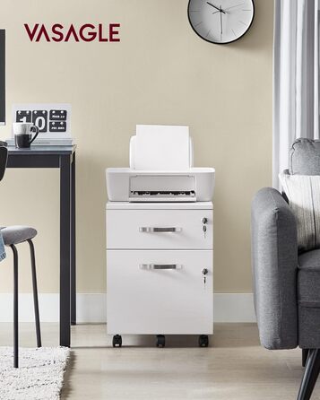 Мобільна шафа для документів VASAGLE із замком, 2 шухлядами, 5 коліщатками, регульованими підвісними рейками, для підвісних файлів формату A4 та Letter, хмарно-білий LCD22WV1