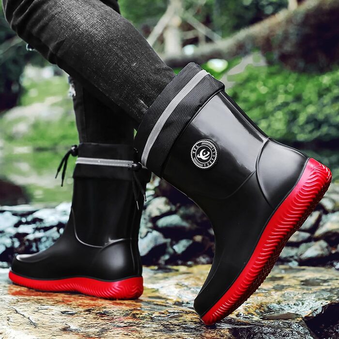 Водонепроникні гумові чоботи Pangolin для жінок та чоловіків, дощовики до середини литки з нековзною підошвою, знімний теплий внутрішній черевик/підкладка, робочі чоботи для садівництва на відкритому повітрі, чорні/червоні, EU 48