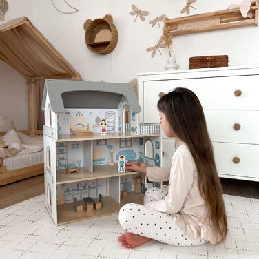 Дерев&39яний ляльковий будиночок Mamabrum, 3-поверховий, з меблями та аксесуарами - Перевірений на безпеку дитячий ігровий будиночок для рольових ігор - Ляльковий будиночок зі спальнею, вітальнею, кухнею та ванною кімнатою, сучасний мінімалістичний