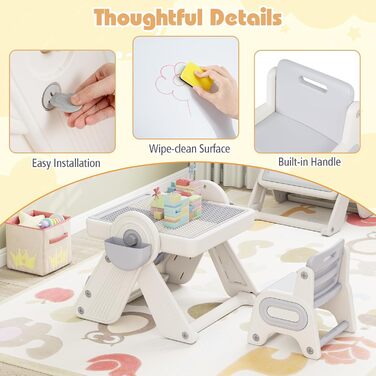 В-1 Багатофункціональний дитячий стіл зі стільцем, складний дитячий комплект сидіння з двосторонньою стільницею, 2 кошики, відділення для олівців та книжкова полиця, робочий столик для дітей від 18 місяців (сірий), 9-