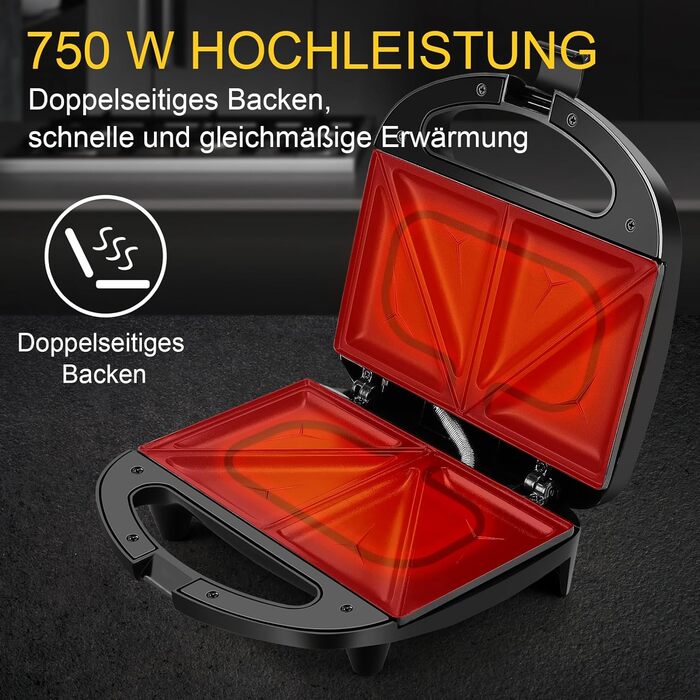 Бутербродниця YASHE для 2 сендвічів, тостер для сендвічів 2-шарове антипригарне покриття, тостер швидкого нагріву, термоізольована ручка, тарілка з антипригарним покриттям, автоматичний контроль температури, чорний.
