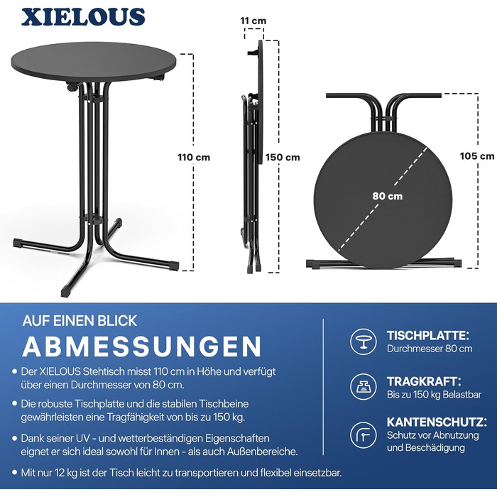 Складаний бістро-стіл, круглий складаний барний стіл з кришкою, водонепроникний для садів, бістро, весіль та заходів на свіжому повітрі, чорний