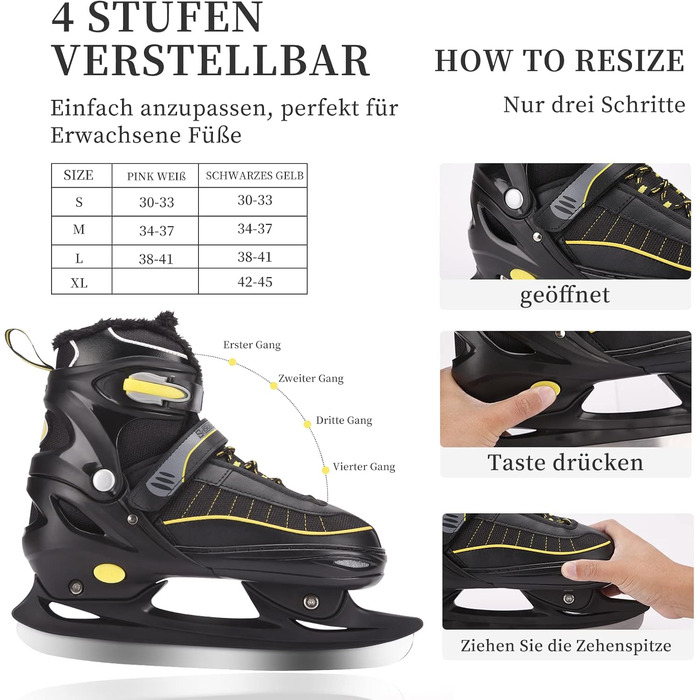 Регульовані ковзани для жінок, чоловіків та дітей, тепла, зручна підкладка та стабільна підтримка щиколотки з лезами з нержавіючої сталі, хокейні ковзани, регулюються до 4 розмірів L (38-41), чорні