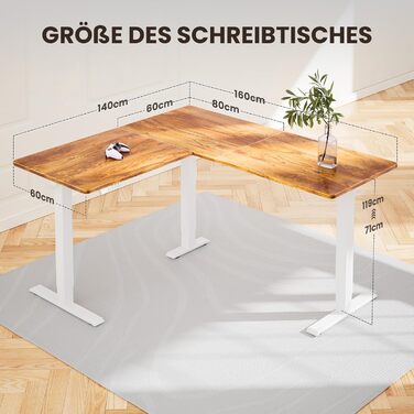 Електрично регульований по висоті L-подібний стіл 160 x 140 см, L-подібний стіл з одним двигуном, кутовий стіл з регулюванням висоти та 4-позиційним керуванням пам&39яттю 160 x 140 см, колір світлого вінтажного дерева