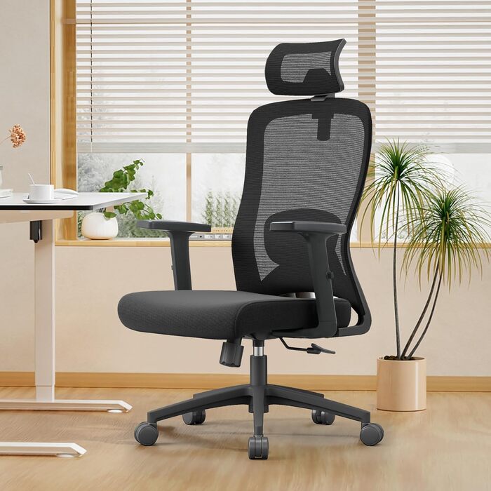 Ергономічне офісне крісло CALIYO Sammy, робоче крісло з регульованим підголівником, підлокітниками, поперековою опорою та функцією гойдання повітропроникне сітчасте поворотне крісло, ігрове крісло, офісне крісло 150 кг, чорне Sammy (чорне)