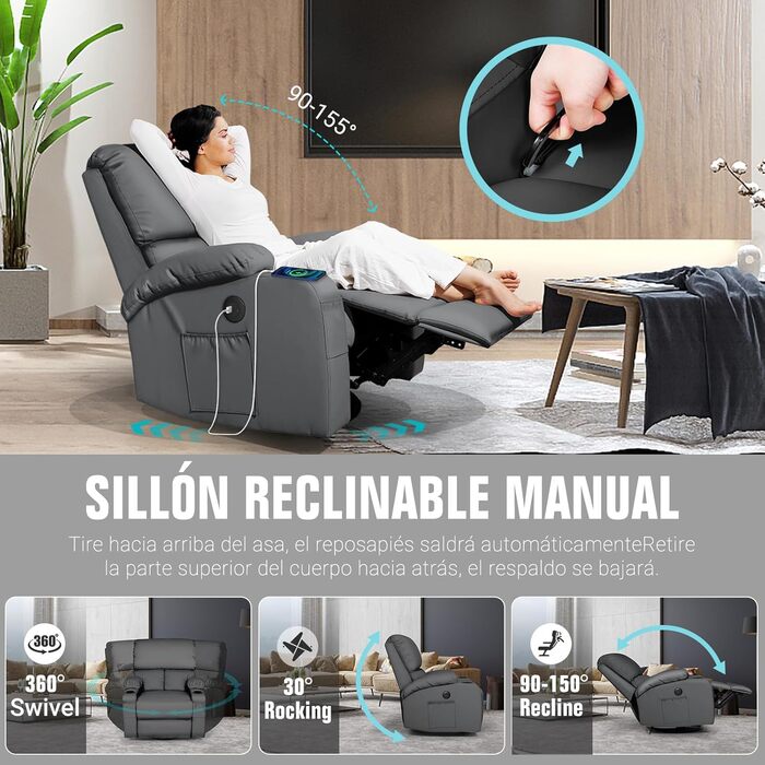 Крісло-гойдалка з функцією відкидання спинки, масажне крісло з вібрацією та підігрівом, порти USB та Type-C, крісла зі штучної шкіри, що обертаються на 360, підходить для вітальні, спальні, дитячої кімнати, кемпера, темно-сірого кольору.
