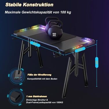 Письмовий стіл 120x60x73 см, комп&39ютерний стіл з ніжками, великий ігровий стіл, кутовий стіл для ПК, для дому, ігровий, чорний, без підставки для монітора, зі світлодіодним підсвічуванням 120 см