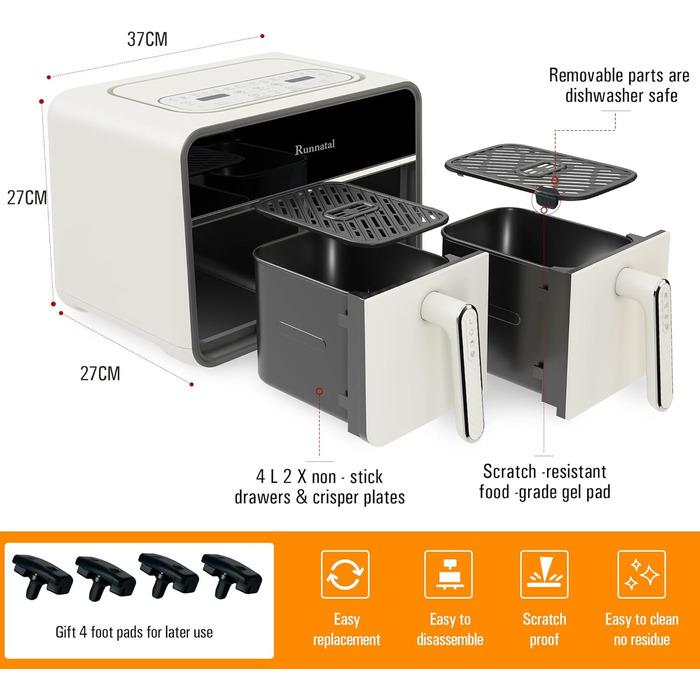 Двозонна фритюрниця Runnatal з оглядовим вікном, мультипіч 8 л, 2100 Вт, 2 відділення, двокамерна фритюрниця 14 в 1 з вегетаріанськими та м'ясними горщиками, 2 камери фритюрниці, антипригарне покриття