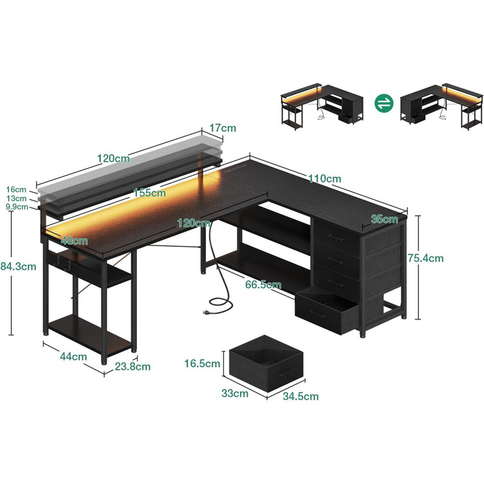 Письмовий стіл ODK з шухлядами, 155110 см, двосторонній кутовий стіл з 2 розетками та 2 портами USB для зарядки, L-подібний офісний стіл зі світлодіодним освітленням для домашнього офісу, чорний 155110 см