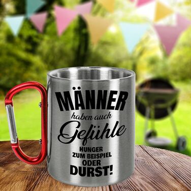 Кружка з нержавіючої сталі 330 мл із кумедним написом Чоловіки теж мають почуття кружка з карабіном з нержавіючої сталі, подарунок для активного відпочинку, кемпінгу, походів, днів народження, Різдва (чоловікам, червона ручка)