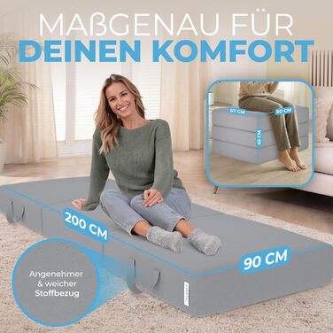 Матрац ELONEO Folding Mattress, гостьовий матрац, 3-секційний розкладний матрац, надзвичайно товста піна (15 см), можна прати, ортопедична подушка, складний, складний матрац, для дорослих (сірий, 90 x 200 x 15 см) 90 x 200 x 15 см сірий