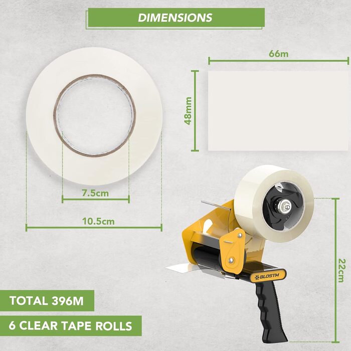 Пакувальна стрічка для диспенсера BLOSTM і 6 рулонів клейкої стрічки прозора - 48 мм x 66 мм, диспенсер для пакувальної стрічки для переміщення, герметизації коробок посилок тощо.