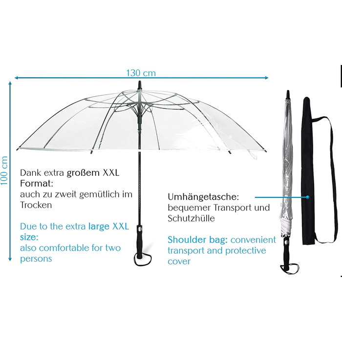 Парасолька Sternenfunke велика XXL Ø130 см прозора, зручна застібка, з чохлом для перенесення, автоматична, ідеально підходить як прозора парасолька-партнер або весільна парасолька - край білий прозорий - Білий край Ø130 см - дуже великий - XXL