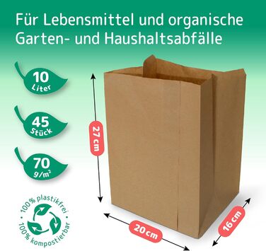 Біорозкладні крафт-паперові пакети для сміття, 10 л / 45 шт., 2016x35 см, коричневі
