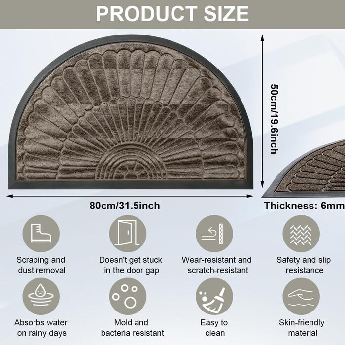 Напівкруглий килимок для дверей 50x80 см, нековзкий, для використання всередині/зовні, миється, стійкий до атмосферних впливів, брудозатримуючий килимок (коричневий)