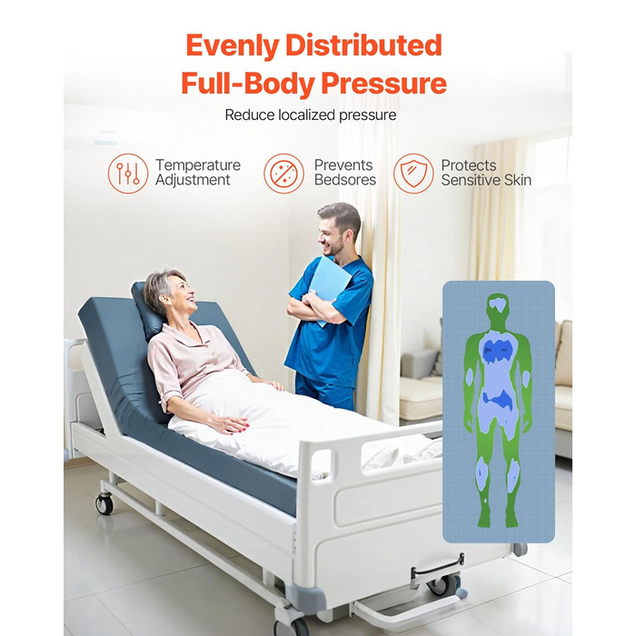 Матрац VEVOR Care, вантажопідйомність 158 кг, медичний пінопластовий матрац, водонепроникний, для лікування пролежнів у будинках для людей похилого віку та догляду вдома, 2030x914x153 мм