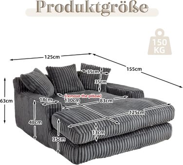 Розкладний диван ZYLOYAL10 Corduroy Cloud з 3 м&39якими подушками, зручний одномісний підлоговий диван для вітальні, квартири, офісу (темно-сірий)