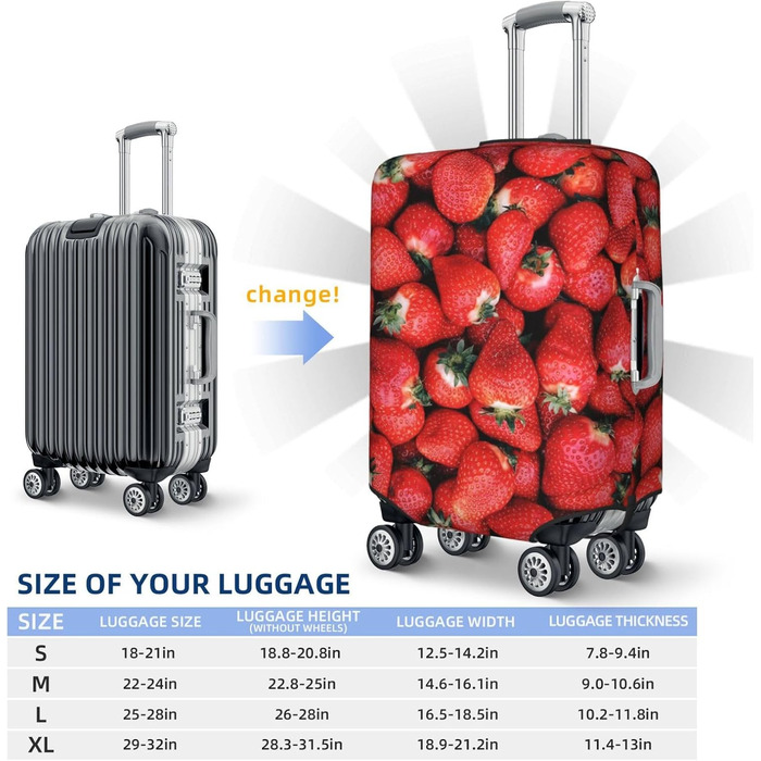 Чохол для валізи Полуничний сад з еластичної тканини, захисний від подряпин та пилу, чорний, розмір 95