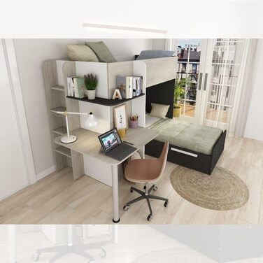 Двох'ярусне ліжко Bleki для двох дітей з письмовим столом і шафою в вінтажному білому та антрацитовому кольорах