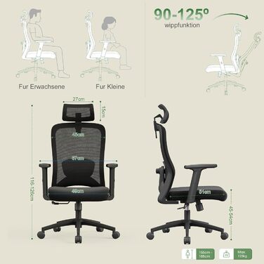 Ергономічне офісне крісло CALIYO Sammy, робоче крісло з регульованим підголівником, підлокітниками, поперековою опорою та функцією гойдання повітропроникне сітчасте поворотне крісло, ігрове крісло, офісне крісло 150 кг, чорне Sammy (чорне)