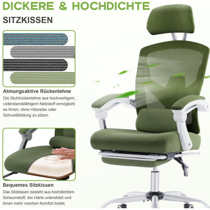 Ергономічне офісне крісло DUMOS - стілець зі зручними підлокітниками, оснащений зручною поперековою опорою та підставкою для ніг, підходить для дому та офісу (зелений)