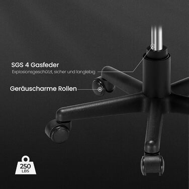 Ергономічний стілець EUREKA з регульованою висотою та коліщатками, офісний стілець для м&39якого комфорту, нековзна основа, поворотний стілець на 360, висота сидіння 43-51 см (чорний)