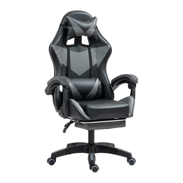 Ігрове крісло з підставкою для ніг, ігрове крісло для дорослих, комп&39ютерне крісло з поперековою опорою, підголівником, офісне крісло з регульованою висотою, чорнийсірий з підставкою для ніг чорнийсірий