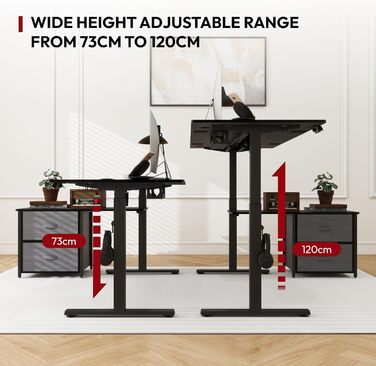 Письмовий стіл з регульованою висотою, електричне регулювання висоти, L-подібний, з шухлядами та відділенням для зберігання, двосторонній, ергономічний стіл для роботи сидячи та стоячи, 160 x 70 см, чорний