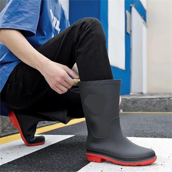 Зносостійке, нековзне чоловіче взуття з ПВХ без шнурків, водонепроникні пластикові гумові чоботи для чоловіків та підлітків, гумові чоботи на низькому підборі для дорослих, розмір 41 EU, чорний колір