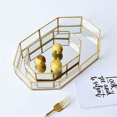 Скляний піднос Hggzeg золотистого кольору, багатокутний металевий, декоративний піднос, піднос для ювелірних виробів, парфумів, органайзер, піднос для макіяжу для туалетного столика, комода, ванної кімнати, спальні (маленький)