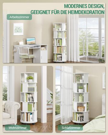 Книжкова полиця Hzuaneri, поворотна на 360, 5-рівнева вертикальна полиця для зберігання, сучасна окремостояча полиця, декоративна полиця на колесах, для вітальні, кабінету, офісу, 45 x 45 x 161,5 см, біла BC54003X