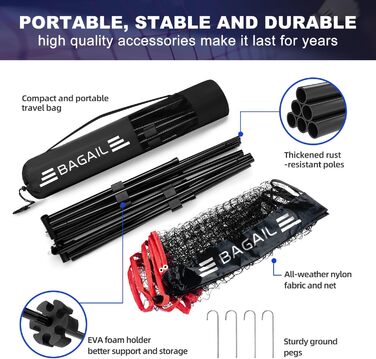 Портативний комплект спортивної сітки BAGAIL 3 в 1 (Бадмінтон, Теніс, Волейбол), 3 м, Червоний/Чорний, Регульована висота, Зі складною підставкою та сумкою