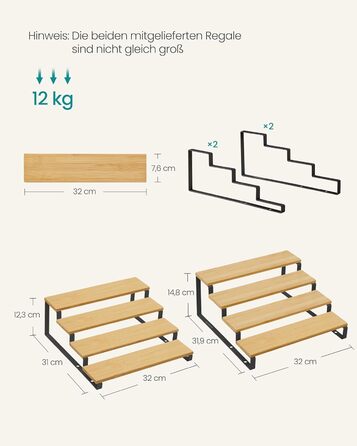Стелажі для спецій, кухонні полиці, кухонний органайзер, комплект з 2 шт., дерев&39яний композит, 4 полиці кожна, висувні, штабелюються, для комори, стільниця, натуральний бежевий-чорний колір KCS216N01 Натуральний бежевий чорний, 4 яруси (31,9 Г x 14,8 В