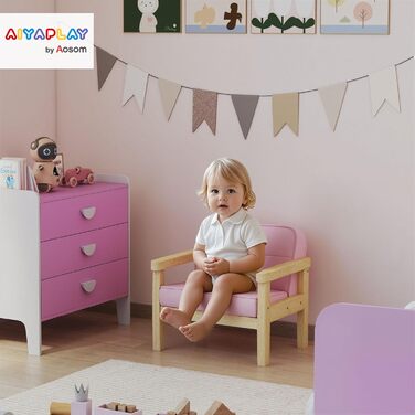 Дитяче крісло/диван AIYAPLAY з вельветовим ефектом, ніжки з масиву дерева, подушка з пінопласту, дитячий стілець для дитячої кімнати/ігрової кімнати, 46,5 x 44 x 45 см, для дітей 3-8 років, рожевий