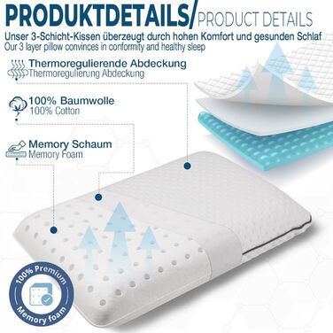 Подушка alkamto з піни з ефектом пам&39яті 70x45 см Ергономічна подушка для підтримки шиї Сертифіковано Oeko-Tex Терморегулюючий чохол Гіпоалергенна та придатна для прання Для сну на спині та на боці