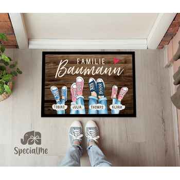 Персоналізований сімейний килимок для дверей до 4 дітей, принт на кросівках, кольори, що налаштовуються, нековзний та миється, чорний, 60x40 см, сімейне взуття, чорний