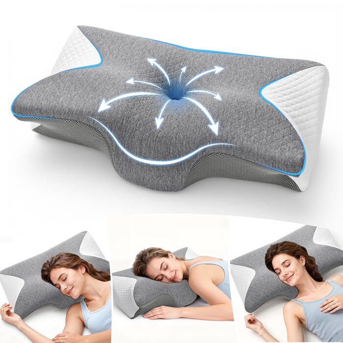 Ортопедична подушка A-Pce, ергономічна подушка з піни з ефектом пам&39яті, подушка для підтримки шиї для полегшення болю в шиї, плечах та спині, ідеально підходить для сну на боці, спині та животі, сіро-біла