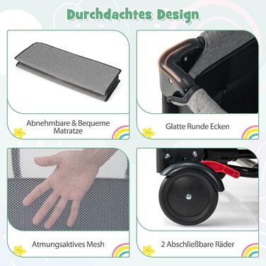 Дорожнє ліжечко 5 в 1 для немовлят, 120 x 60 см, приліжкове ліжко з матрацом та пеленальний столик, музичний мобіль та іграшки, дитяче ліжечко з регульованою висотою для немовлят від народження (темно-сірий)